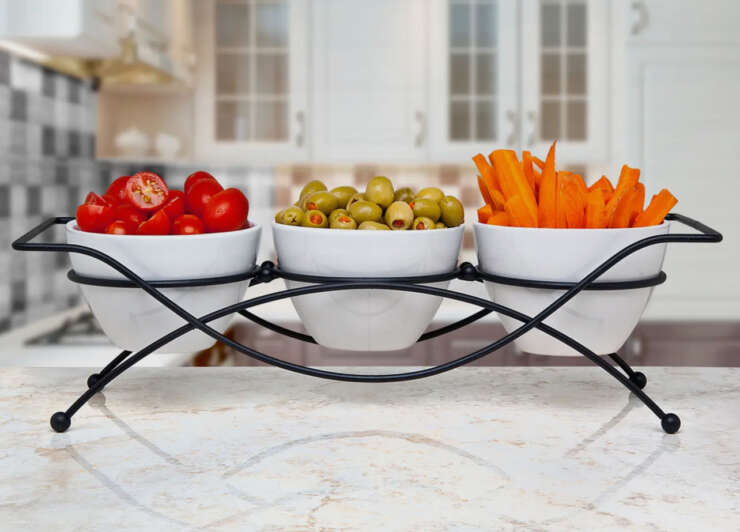 3 Porcelain Bowls with Black Mental Rack