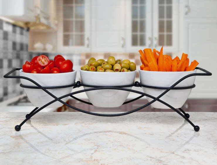 3 Porcelain Bowls with Black Mental Rack